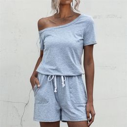 Summer Short bodysuit women 2020 streetwear Casual off shoulder short sleeved pocket lace up black Women strapless jumpsuit T200704