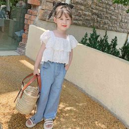 Girls Suit Romantic Lace Top and Denim Straight-leg Pants Two-piece Set Kids Clothes Girls Baby Girl Clothes Fashion Clothes G220509