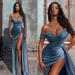 One pcs 2022 Off Shoulder A line Prom Dresses Sexy Crystal Split Side High Sexy Evening Gowns