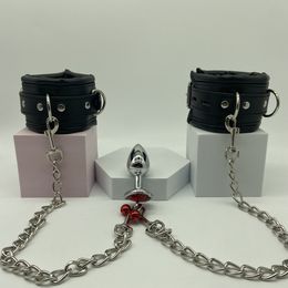 Adult SM Games Wrist to Anal Bondage Kit with Metal Chain Fetish Bdsm Tail Plug Handcuffs sexy Toys for Men Women Restraints