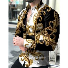 Fashion Luxury Social Men Shirts Turndown Collar Buttoned Shirt Casual Flower Print Long Sleeve Tops Mens Clothes Prom Cardigan 220811