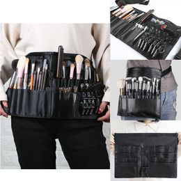 Multi-function Large Capacity Black PU Cosmetic Waist Bag Makeup Brush Bags With Belt For Professional Makeup Artist