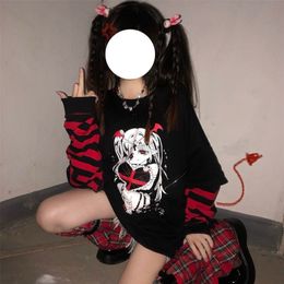 Emo Style Women Streetwear Gothic Anime Sweatshirts Punk Long Sleeve 2000s Graphic Tees Y2k Fairy Grunge Goth Egirl Alt Clothes 220726