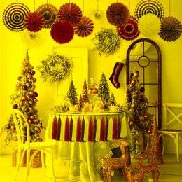 Party Decoration 27Pcs Red Green White Christmas Home Wedding Decorations Year Hanging Xmas Paper Fans Pom Flowers Tassel GarlandsParty