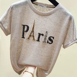 Ins Short Sleeve Paris Eiffel Tower Beaded Tshirt Summer Women Shinny Cotton O Necks Loose Casual Girls Tops Tees T13115X 220321