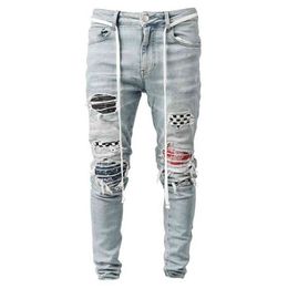 Ripped Pencil Jeans Men Skinny Hole Splicing Biker Side Striped Jeans Destroyed Hole Hip Hop Slim Fit Jean Men's Pant G0104