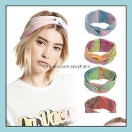 Headbands Hair Jewelry European And American Bohemian Style New Elastic Sports Band Ladies Tie-Dye Cross Bandage Headband Drop Delivery 2021