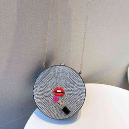 Evening Bags 2022 New Fashion Crossbody Acrylic Lips Lipstick Rhinestone Chain Small Round Shoulder Messenger for Women Party 220630