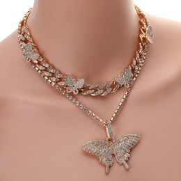 European and American Tennis cross-border jewelry personality full diamond hip-hop butterfly necklace set Cuban necklace street shooting