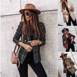 B791 Womens Suits & Blazers Premium New Style Top Quality Original Design Women's Classic Double-Breasted Metal Buckle Blazer Cheque Textured Plaid Slim Jacket Coat