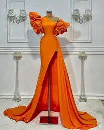 One pcs Aso Ebi 2022 Arabic Stylish Orange Sheath Evening Dresses Crystals Short Sleeves Prom Dresses Sexy Formal Party Second Reception Gowns