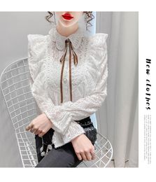 New fashion women's autumn cute lace fabric peter pan collar lacing ruffles patched blouse shirt SMLXL