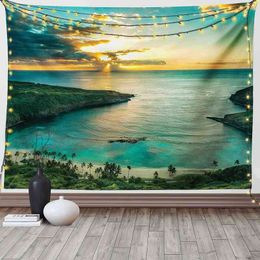 Hawaiian Tapestry Sunrise Over Hanauma Oahu Hawaii Sunbeams Through Clouds Shoreline Wall Hanging Decor Green Orange Rugs J220804