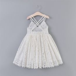 Girls Sling Backless Lace White Dresses For Kids 38 Year Birthday Party Clothing Children Flower Vest Holiday Beach Sundress 220707