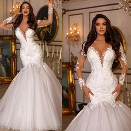 레트로 레이스 인어 웨딩 드레스 V 목 환상 긴 소매 섹시한 덮개 버튼 백 흰색 아랍어 결혼 신부 가운