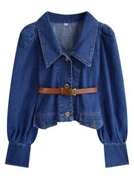 Spring new design women's puff long sleeve denim jeans retro short jacket with belt coat SML