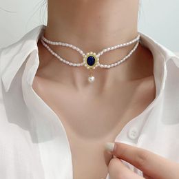 Chains Elegant Vintage Double-Layer Imitation Pearls Blue Stone Pendant Necklace Women Short Clavicle Chain Jewellery Gift 2022Chains