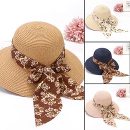 New Simple Foldable Wide-brimmed Floppy Straw Hat Girl Straw Dome Ribbon Bow Sun Hat Summer Beach UV Protection Travel Hat