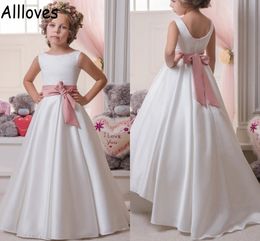 White Satin A Line Flower Girl Dresses For Wedding Jewel Neck Pink Bow Sash Toddler Kids Formal Party Gowns Floor Length Simple Little Girls Pageant Dress CL0343