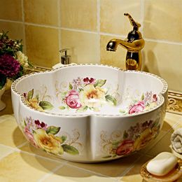 China Painting rose Ceramic Painting Art Lavabo Bathroom Vessel Sinks Round countertop decorative sink bowls bathoom sinks259Z