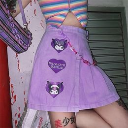 Summer Japanese Kawaii Purple Harajuku Soil Cool Love Cartoon Buckle Purple High Waist a Word Pleated Denim Skirt 210311