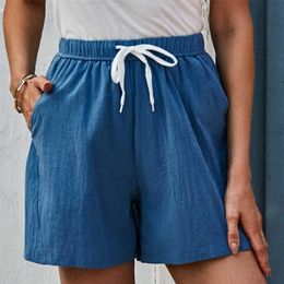 Women Summer Shorts Blue Casual Cotton Linen Elastic Waist Two Pockets Solid Female Plus Size Woman 210702