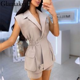 Glamaker Sleeveless 2 piece suit set women v neck elastic waist female office ladies set summer shorts co ord set sexy outfits 210331