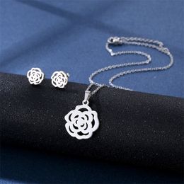 Stainless Steel Camellia Necklace Stud Earrings Set Women's New Clavicle Chain Geometric Petals Popular Accessories Holiday Gift