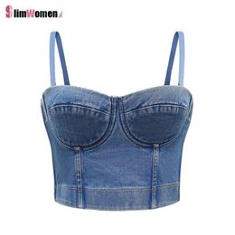 Women Summer Cropped Top Sexy Camis Push Up Denim Seamless Bras Blue Outer Wear Corset Crop Bustier Party Club Vest W220422