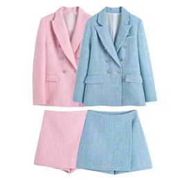 2022 Spring and Autumn New Women's Jacket Shorts Two-piece Set Fashion Double Breasted Ladies Office Suit High Waist Culottes T220729