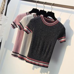 bling Glitter Knitted T Shirt Women for Summer Tshirt Breathable Short Sleeves Top High Elasticity Striped Female TShirt female T200516