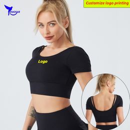 Custom Women Quick Dry Elastic Padded Running Shirts Backless Yoga Crop Top Short Sleeve Gym Fitness Workout Sports Bra 220608