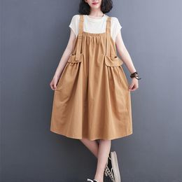 Casual Dresses Arrival Korea Preppy Style Sleeveless Big Pockets Chic Girls Fashion Summer Strap Dress Cotton Linen Women DressCasual