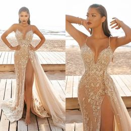 2022 Champagne Mermaid High Split Prom Dresses robes de soiree Spaghetti Straps Lace Beaded Evening Gowns Overskirt Sweep Train Tulle Party Dress