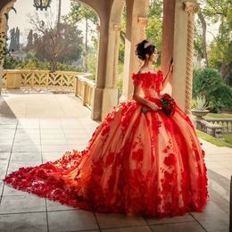 Red Handmade Flowers Quinceanera Dress Ball Gown Off The Shoulder Corset Pageant Sweet 15 Party Vestidos De XV Anos