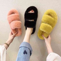 Nxy Slippers Winter for Women Faux Fur Slides Female Warm Flat Indoor Shoes Household Plush Flip Flops Home Sandals 220804