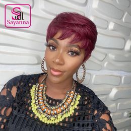 Short Bob Remy Brazilian Wig Ombre Red Burgundy 99J Colour Pixie Cut Human Hair Wigs With Bangs For Black Women