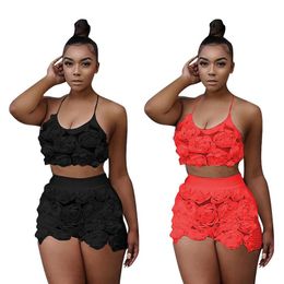 Women's Tracksuits Women Summer Two Piece Set Clothes Stereoscopic Flower Neck Lace Up Halter Vest Crop Top Shorts For Female Ladies