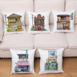 Cushion/Decorative Pillow Cartoon Building House Print Cover Peach Skin Home Decor PillowcaseCushion/Decorative