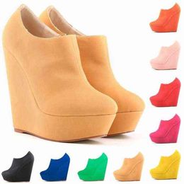 Dress Shoes Pumps New Mature Sexy Four Seasons Wedge High Heel Shallow Mouth Platform Sanded Bare Roman Boots Women S Shoes 220610