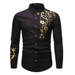 Men's Dress Shirts Fashion Gold Flower Floral Print Shirt Men Brand Black Slim Fit Long Sleeve Mens Business Casual Chemise Homme L220704