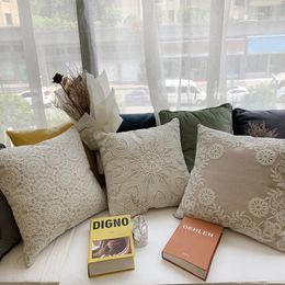 Cushion/Decorative Pillow 45x45cm Pastoral Floral Embroidered Beige Grey Cushion Cover Lumbar Pillowcase Sofa Embroidery BackrestCushion/Dec