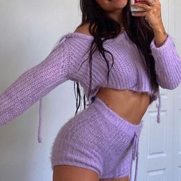 Women Casual High Street Knitted Clothing Set Purple Loose V Neck Long Sleeve Pullover Crop Top Waist Shorts Two Piece Dress