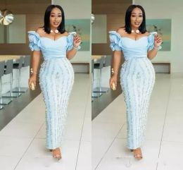 2022 Gorgeous Aso Ebi african Evening Dresses Off the Shoulder Ruched 3D Floral Plus Size Long Elegant Prom Dresses Csutom Made