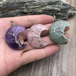 Pendant Necklaces Wire Wrap Tree Of Life Crescent Moon Shape Natural Healing Rose Crystal Quartz Amethysts Reiki Gems Stone Necklace Pendant