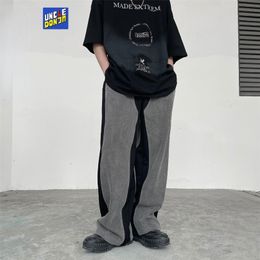 UNCLEDONJM Denim stitching baggy pants streetwear harajuku fashion sweat men loose Hip Hop punk trousers 220330