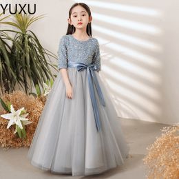 2022 Bling Beaded Crystal Flower Girls Dresses For Teens Tulle Floor Length Beach Girl tutu Pageant Party Gowns Tulle Skirt Formal Kids Wear