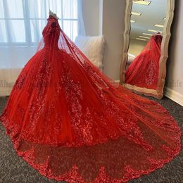 Red Princess Quinceanera Dresses With Cape Sequin Applique lace-up corset Volume vestidos de 15 anos prom Pageant Dress