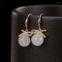 Original Innovation Diamond-studded Hetian Jade Round Bead Earrings Fashion Personality Temperament Charm Ladies Silver Jewellery Dangle & Cha