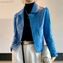Vintage Leather Jacket Female 2022 Spring Autumn New Style Blue PU Leather Fashion Temperament Double Pocket Leather Jacket Tops L220801